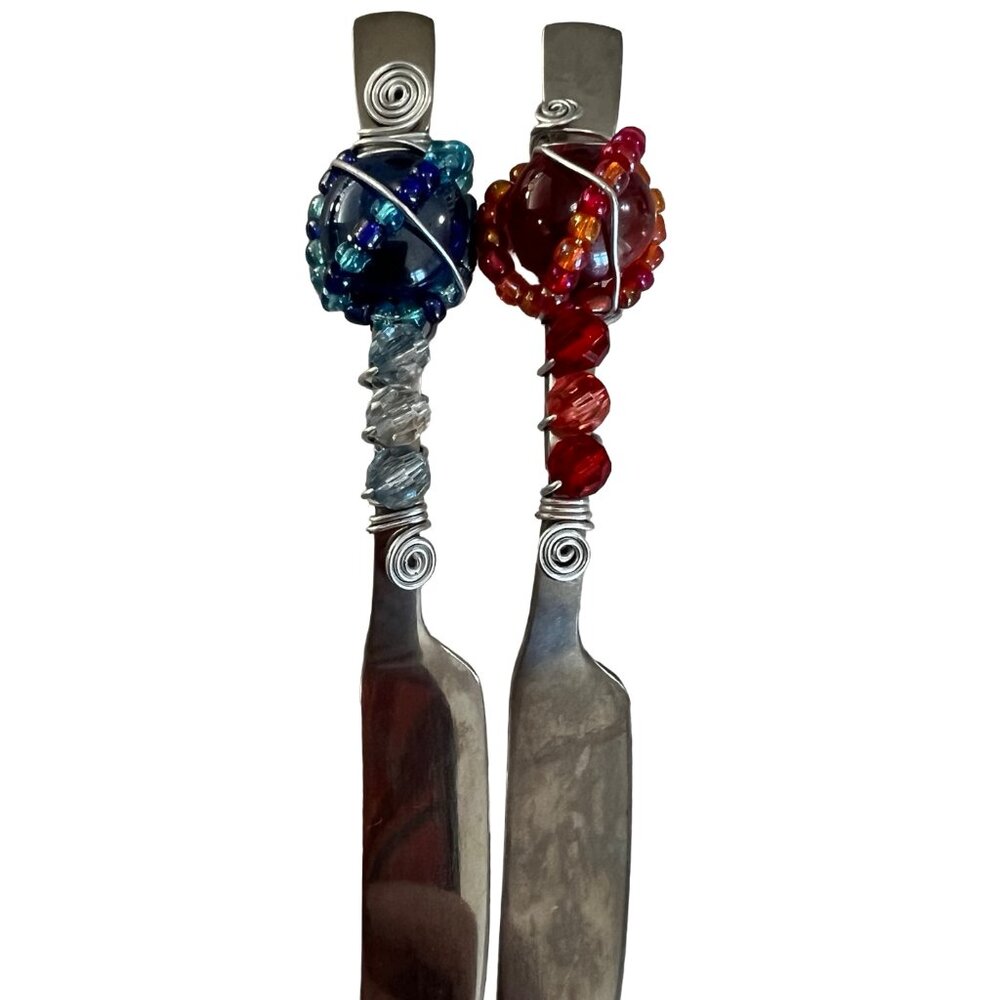 Set of 4 Beaded Cheese Spreader - Wire Wrapped Stainless Steel Butter Knife V vi - Picture 4 of 8